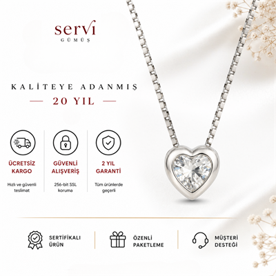 Servi 925 Ayar Gümüş Crystal Heart Tektaş Kalp Kolye