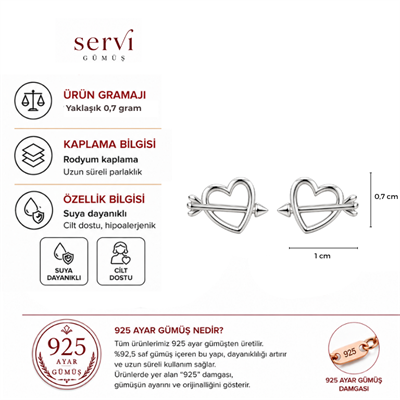 Servi 925 Ayar Gümüş Cupid Kalp ve Ok Küpe 