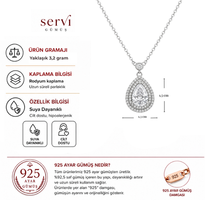 Servi 925 Ayar Gümüş Damla Zirkon Taşlı Kolye