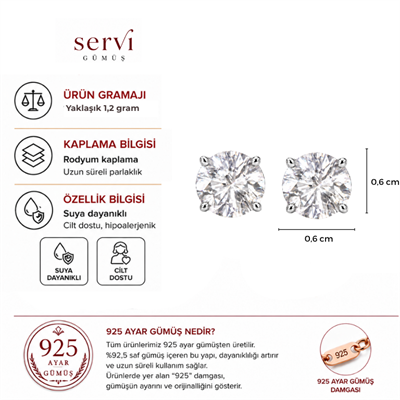 Servi 925 Ayar Gümüş Diamond Glow 6 mm Zirkon Taşlı Tektaş Küpe