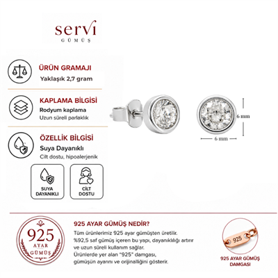 Servi 925 Ayar Gümüş Elisse 6  mm Tektaş Küpe