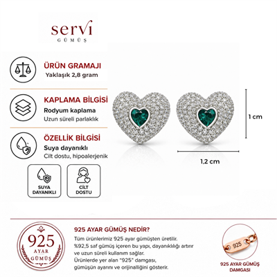 Servi 925 Ayar Gümüş Emerald Love Zümrüt Rengi Taşlı Kalp Küpe