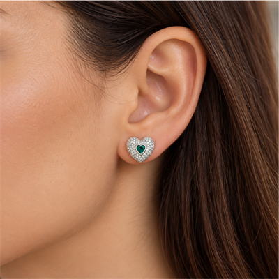 Servi 925 Ayar Gümüş Emerald Love Zümrüt Rengi Taşlı Kalp Küpe