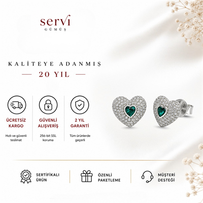 Servi 925 Ayar Gümüş Emerald Love Zümrüt Rengi Taşlı Kalp Küpe