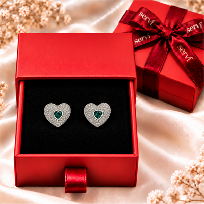 Servi 925 Ayar Gümüş Emerald Love Zümrüt Rengi Taşlı Kalp Küpe