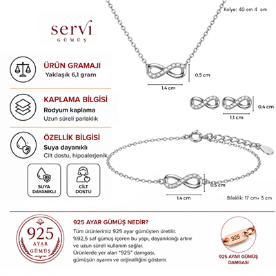 Servi 925 Ayar Gümüş Forever Shine Zirkon Taşlı Sonsuzluk Figürlü Kolye, Küpe ve Bileklik Set