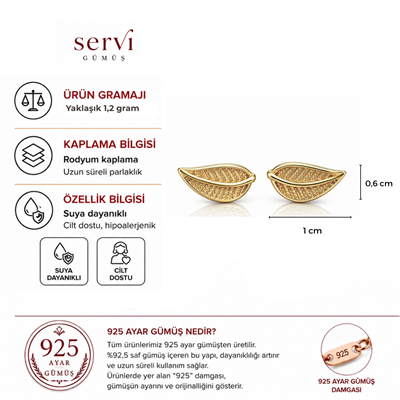 Servi 925 Ayar Gümüş Golden Leaf Yaprak Küpe