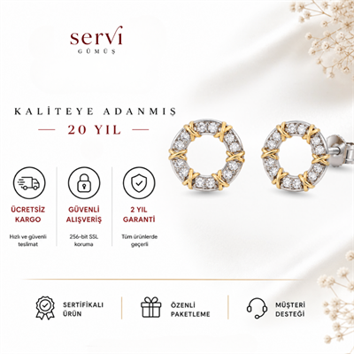 Servi 925 Ayar Gümüş Golden Stitch Zirkon Taşlı İki Renkli Halka Küpe