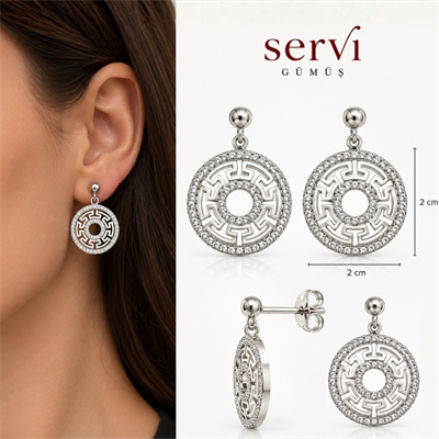 Servi 925 Ayar Gümüş Helene Zirkon Taşlı Yuvarlak Sallantılı Küpe