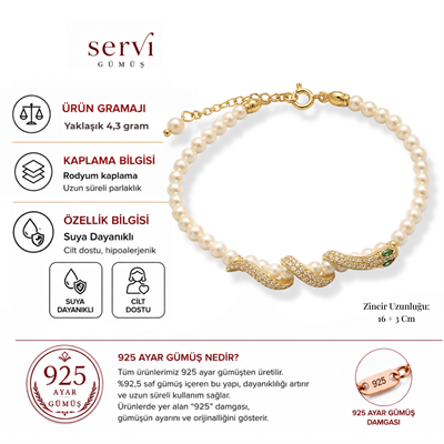Servi 925 Ayar Gümüş İnci ve Zirkon Taşlı Yılan Bileklik