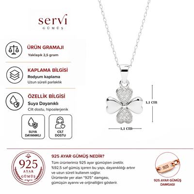 Servi 925 Ayar Gümüş Kalp Formlu Zirkon Taşlı Şans Yoncası Kolye