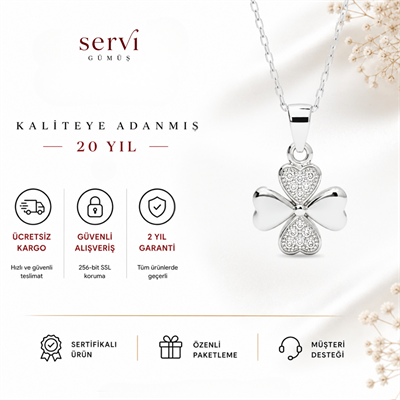 Servi 925 Ayar Gümüş Kalp Formlu Zirkon Taşlı Şans Yoncası Kolye