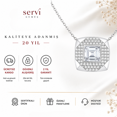 Servi 925 Ayar Gümüş Kare Baget Taşlı Pavé Kolye