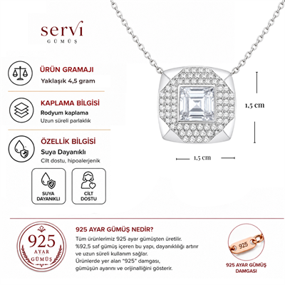 Servi 925 Ayar Gümüş Kare Baget Taşlı Pavé Kolye