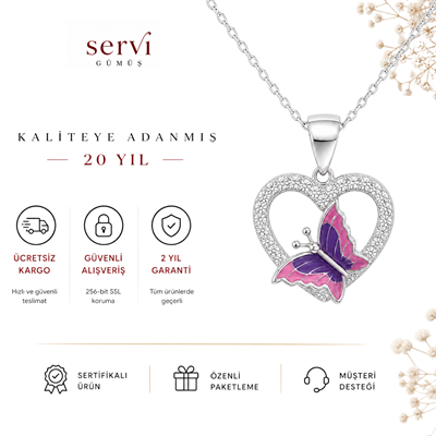 Servi 925 Ayar Gümüş Kelebek Figürlü Kalp Kolye
