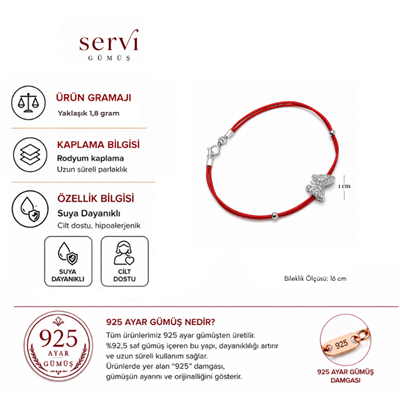 Servi 925 Ayar Gümüş Kırmızı İpli Kelebek Figürlü Şans Bilekliği