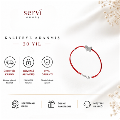 Servi 925 Ayar Gümüş Kırmızı İpli Kelebek Figürlü Şans Bilekliği