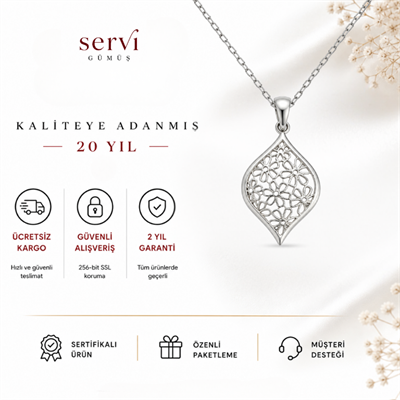 Servi 925 Ayar Gümüş Lalezar Çiçek Motifli Damla Kolye