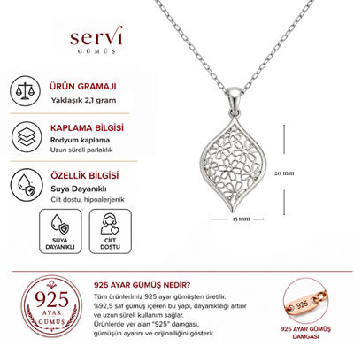 Servi 925 Ayar Gümüş Lalezar Çiçek Motifli Damla Kolye