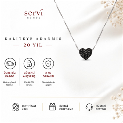 Servi 925 Ayar Gümüş Midnight Love Siyah Zirkon Taşlı kalp Figürlü Kolye