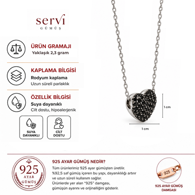 Servi 925 Ayar Gümüş Midnight Love Siyah Zirkon Taşlı kalp Figürlü Kolye