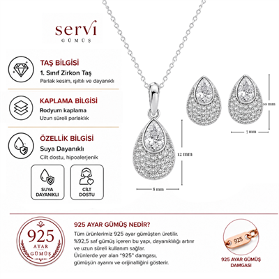 Servi 925 Ayar Gümüş Lina Damla Kolye ve Küpe Seti