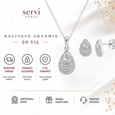Servi 925 Ayar Gümüş Lina Damla Kolye ve Küpe Seti