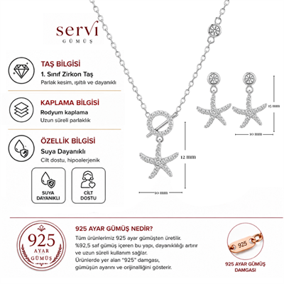 Servi 925 Ayar Gümüş Marina Deniz Yıldızı Kolye ve Küpe Seti