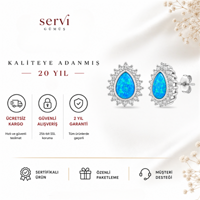 Servi 925 Ayar Gümüş Mavi Opal Damla Küpe