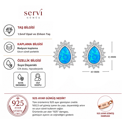 Servi 925 Ayar Gümüş Mavi Opal Damla Küpe