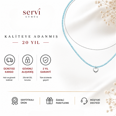 Servi 925 Ayar Gümüş Mavi Taşlı Kalp Figürlü İki Sıralı Kolye
