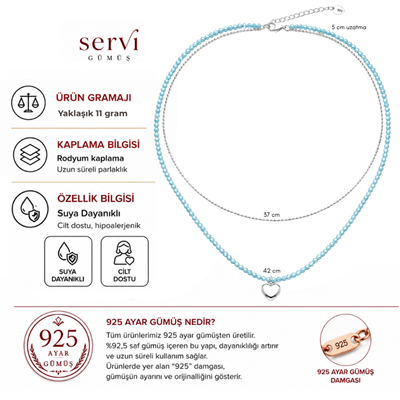 Servi 925 Ayar Gümüş Mavi Taşlı Kalp Figürlü İki Sıralı Kolye