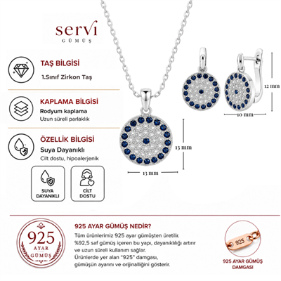 Servi 925 Ayar Gümüş Mavi Taşlı Nazar Kolye ve Küpe Seti