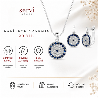 Servi 925 Ayar Gümüş Mavi Taşlı Nazar Kolye ve Küpe Seti