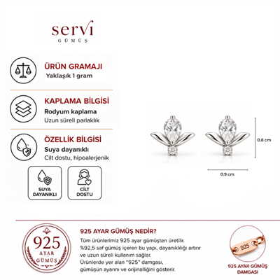 Servi 925 Ayar Gümüş Minimal Lotus Markiz Taşlı Küpe
