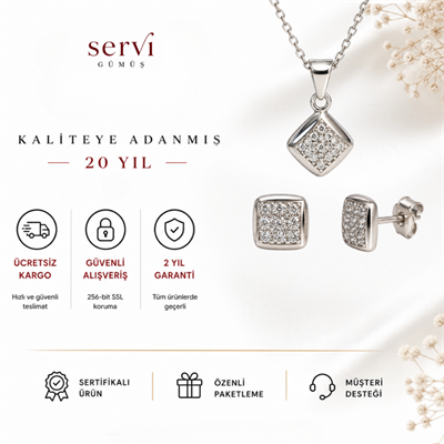 Servi 925 Ayar Gümüş Modern Kare Zirkon Taşlı Kolye ve Küpe Set
