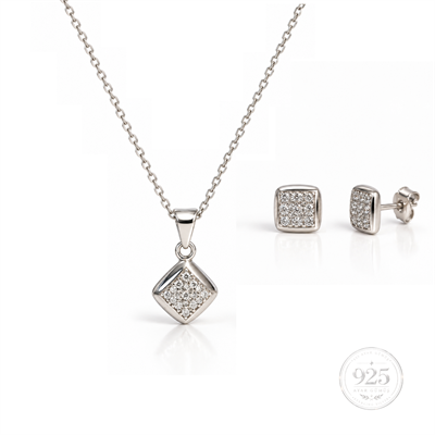 Servi 925 Ayar Gümüş Modern Kare Zirkon Taşlı Kolye ve Küpe Set