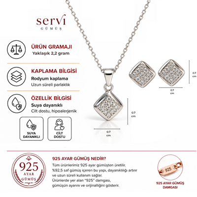 Servi 925 Ayar Gümüş Modern Kare Zirkon Taşlı Kolye ve Küpe Set