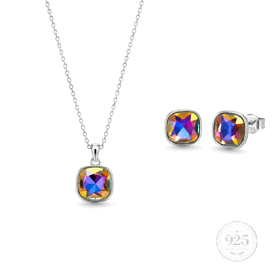 Servi 925 Ayar Gümüş Multicolor Kristal Taşlı Gökkuşağı Kolye Küpe Set