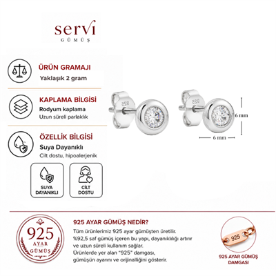Servi 925 Ayar Gümüş Nova 6 mm Tektaş Küpe