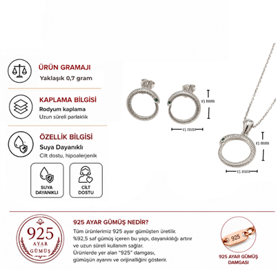 Servi 925 Ayar Gümüş Ouro Yılan Kolye ve Küpe Seti