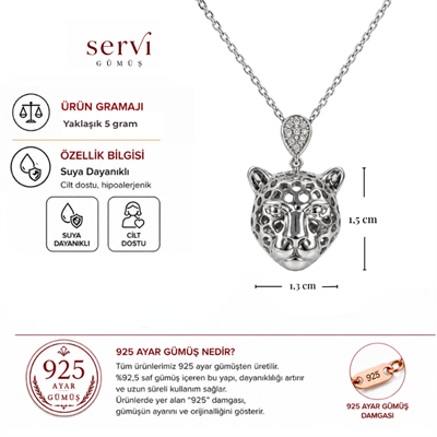 Servi 925 Ayar Gümüş Panter Figürlü Zirkon Taş Detaylı Kolye