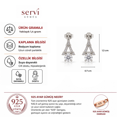Servi 925 Ayar Gümüş Eyfel Kulesi Figürlü Tektaşlı Küpe