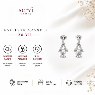 Servi 925 Ayar Gümüş Eyfel Kulesi Figürlü Tektaşlı Küpe