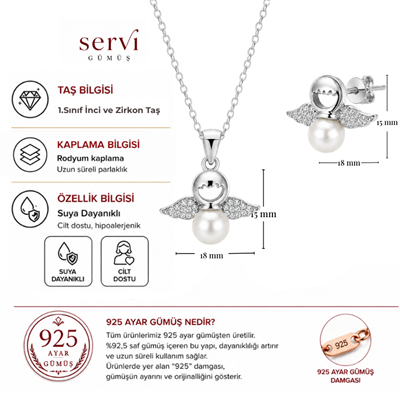 Servi 925 Ayar Gümüş Perla Melek Kanadı İnci Kolye ve Küpe Seti