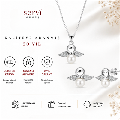 Servi 925 Ayar Gümüş Perla Melek Kanadı İnci Kolye ve Küpe Seti