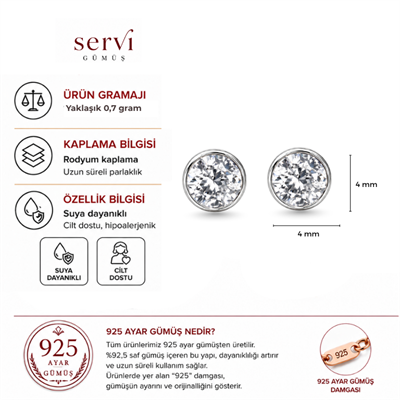Servi 925 Ayar Gümüş Pure Light 4 mm Zirkon Taşlı Tektaş Küpe