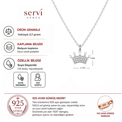 Servi 925 Ayar Gümüş Queen Taç Kolye
