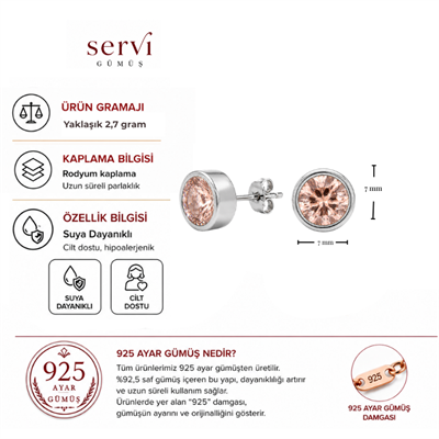 Servi 925 Ayar Gümüş Rosa 7 mm Tektaş Küpe