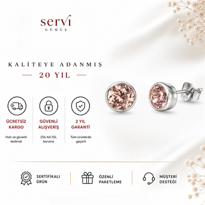 Servi 925 Ayar Gümüş Rose Glow 4 mm Pembe Zirkon Taşlı Tektaş  Küpe 